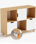 Built Tough As Nails Yellow Nylon Swivel Caster Wheels Metric Threaded Stem on a wooden storage unit.