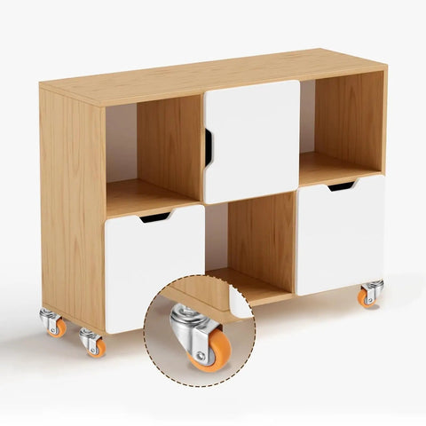 Built Tough As Nails Yellow Nylon Swivel Caster Wheels Metric Threaded Stem on a wooden storage unit.