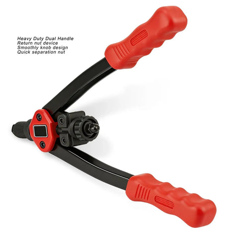 Rivet Nut Tool Kit With 175 Metric Rivet Nuts And 6 Mandrels M3 4 5 6 8 10 Plus Hand Setter showing black handles and red grips.
