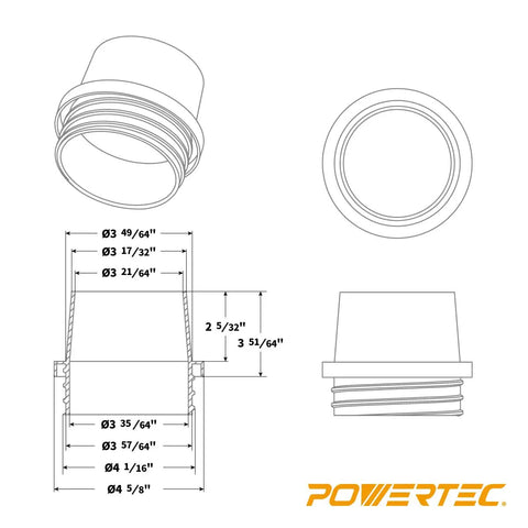 Technical drawing of Screw End Quick Coupler For 4 Inch Hose With Left Hand Threaded Adapter Air Tight Connection For Shop Vac And Dust Collection