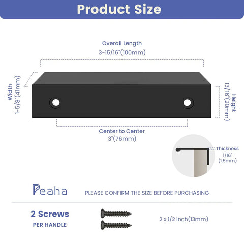 Product diagram showing Slick Black Edge Pulls Cabinet Handles Set Modern Finger Pulls For Cabinets And Drawers 3 Inch 76mm dimensions