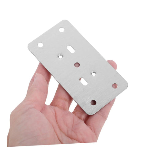 Person holding a stainless steel hinge repair plate kit for cabinets and furniture easy install quick fix hinges no fuss