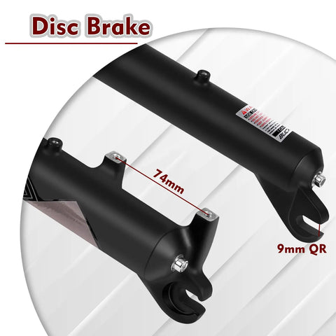Fat Tire MTB Front Suspension Fork 26 Inch, 100mm Travel, 135mm Spacing, 9mm QR, close-up of disc brake and fork spacing