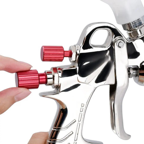 Close-up of R700 LVLP Air Spray Gun With 1.8mm Nozzle Gravity Feed Paint Sprayer showing adjustable red valves and metallic finish