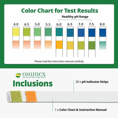 Color chart and inclusions of pH Test Strips for Urine and Saliva, 20 Count, easy to use litmus paper strips with instruction manual