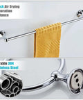 Chrome 4 Piece Bathroom Accessory Set with Adjustable Towel Bar, Spring Loaded Toilet Paper Holder, Wall Mounted Towel Ring and Double Robe Hook - wall mounted bar with yellow towel and steel detail.