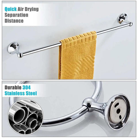 Chrome 4 Piece Bathroom Accessory Set with Adjustable Towel Bar, Spring Loaded Toilet Paper Holder, Wall Mounted Towel Ring and Double Robe Hook - wall mounted bar with yellow towel and steel detail.