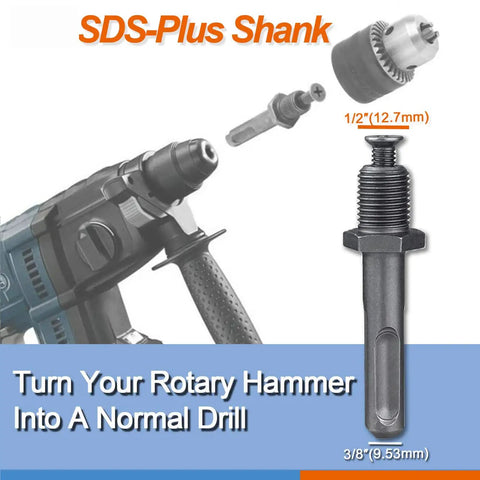 Beefy Keyed Drill Chuck Adapter Kit 1/2 Inch 20UNF With SDS Plus Shank displayed with rotary hammer