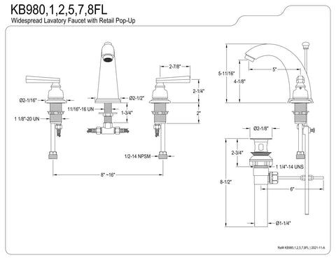 Technical diagram of Royale Widespread Lavatory Faucet With Brass Pop-Up Drain, Polished Brass Finish, 8-Inch To 16-Inch Adjustable Center