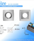Heavy Duty Tungsten Carbide Cutter Inserts Kickass Replacement Blades Four Sided Indexable Knives For Spiral Planer And Wood Lathe 11X11X2MM R50 Radius close-up of square carbide insert with dimensions.