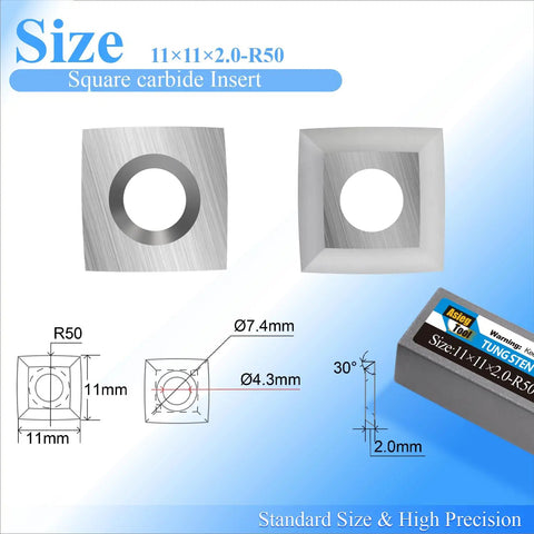 Heavy Duty Tungsten Carbide Cutter Inserts Kickass Replacement Blades Four Sided Indexable Knives For Spiral Planer And Wood Lathe 11X11X2MM R50 Radius close-up of square carbide insert with dimensions.