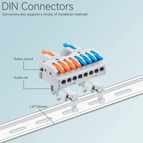 Six Pack DIN Rail Terminal Blocks For DIY Wiring Inline Circuit Splice Connectors 28 12 AWG 2 In 8 Out insulated on 35mm rail