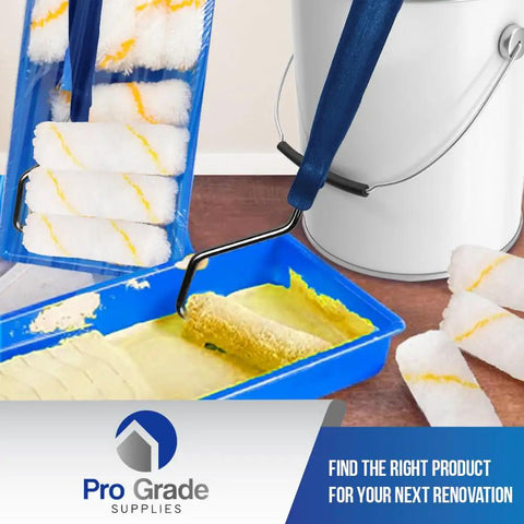 Top Notch Mini Paint Roller Kit With Tray Set For Interior And Exterior Painting Includes 4 Inch Mini Roller Frame Eight 4 Inch By One Half Inch Microfiber Roller Covers And A Handy Mini Plastic Tray For Easy DIY Home Improvement shown with paint bucket.