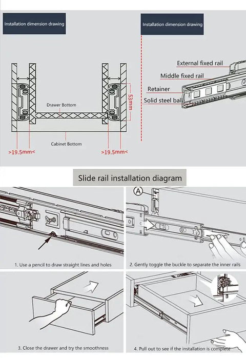 Installation diagram for Heavy Duty 14 Inch Drawer Slides With Full Extension Side Mount Ball Bearings Telescoping Track System.
