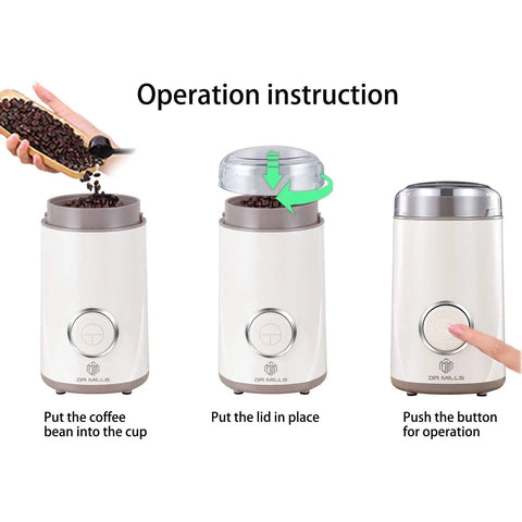Usage steps for One Touch Electric Coffee Grinder For Beans And Spices With 150W Power, SUS304 Stainless Steel Blades And Cup, White