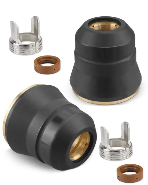 Two Piece Titanium Plasma Tip Kit For 45 And 65 Torch Models Fits TI PC45 IPT 45 56255 56811 65 And TI PC65 IPT 65 58895 Tough As Nails Durable Metal And Rubber Tips Built To Take The Heat, shown with metal and rubber components.