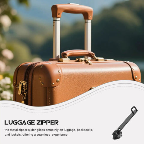Close-up of a suitcase with Universal Zipper Pull Replacement Kit All In One Six Piece Heavy Duty Zipper Pulls For Suitcase Luggage Backpack And Jacket With Smooth Sliding Tabs Repair Tools For Travel.