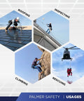 Collage of workers roofing, inspecting, climbing, and rescuing, showcasing the use of 18 Inch D Ring Extender For Fall Protection.