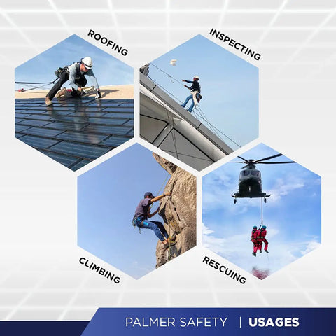 Collage of workers roofing, inspecting, climbing, and rescuing, showcasing the use of 18 Inch D Ring Extender For Fall Protection.