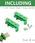 10 Pack DIN Rail Mount PCB Holder Clips For 35mm And 15mm C45 Rails with screws, green PA66, size 43x10x18mm