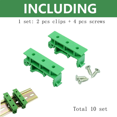 10 Pack DIN Rail Mount PCB Holder Clips For 35mm And 15mm C45 Rails with screws, green PA66, size 43x10x18mm