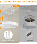 Installation steps of 8000mAh Rechargeable Battery Ceiling Light With Motion Sensor, showing cordless USB charging feature.