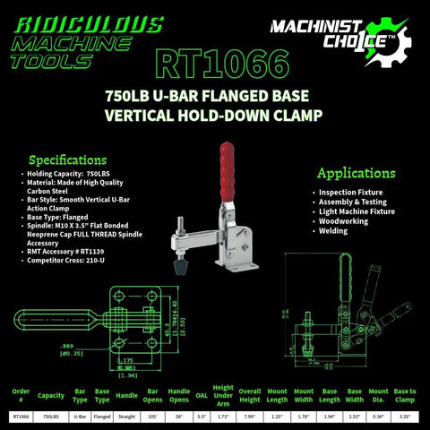 Heavy Duty Vertical Toggle Clamp U Bar Jaw Flanged Handle 750 Lb Holding Power Carbon Steel detailed specifications and application chart.