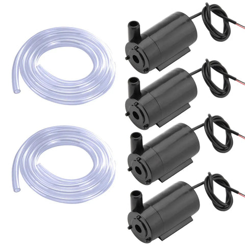 Image of 4 Pack Dope Submersible Mini Water Pumps with clear 1m tubing for aquariums and fountains, includes pumps and tubes.