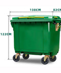 All Season Heavy Duty Outdoor Trash Roll Cart With Spacious Commercial Waste Bin And Smooth Caster Wheels, dimensions shown: 138cm x 82cm x 122cm.