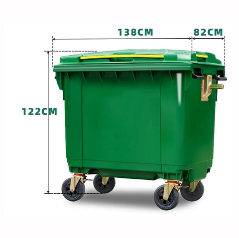 All Season Heavy Duty Outdoor Trash Roll Cart With Spacious Commercial Waste Bin And Smooth Caster Wheels, dimensions shown: 138cm x 82cm x 122cm.