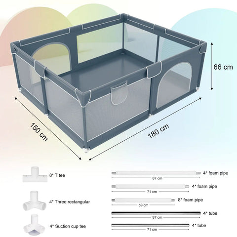 Monster Sized 71 By 59 Inch Baby Playpen For Toddlers Indoor Outdoor With Gate, in grey with mesh panels and setup diagram.
