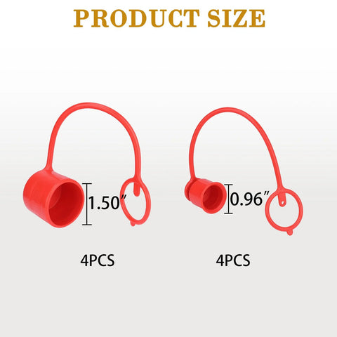Dust caps plugs for 1/2 in flat-face hydraulic quick-connect couplers; red rubber covers with tether rings, 4 sets