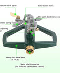 Heavy Duty Zinc Alloy Pulsating Impact Sprinkler For Yard And Lawn With Metal Base showing labeled parts and adjustable head.