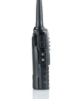 Side view of UV 82HP Beefy High Power Dual Band Radio showing buttons, antenna, and compact black design, ideal for outdoor use.