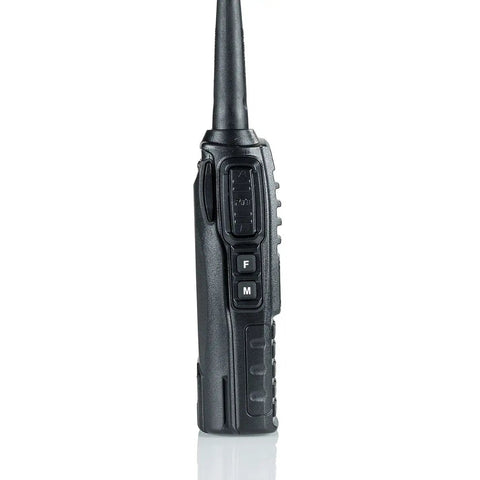 Side view of UV 82HP Beefy High Power Dual Band Radio showing buttons, antenna, and compact black design, ideal for outdoor use.