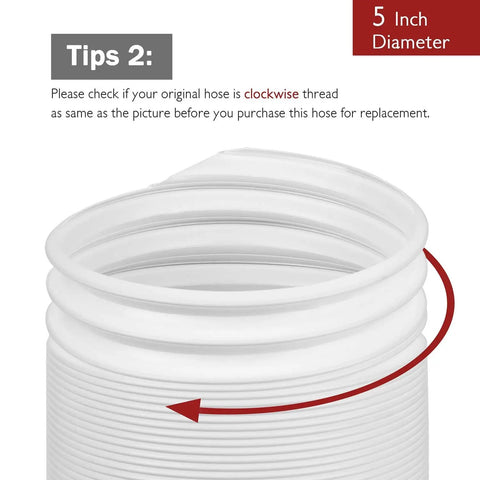 Close-up of Universal 5 Inch Portable Air Conditioner Exhaust Hose, 78 Inch Long, Clockwise Thread, White, Expandable Polypropylene Vent Hose showing clockwise thread indication.