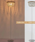 Boho Floor Lamp With White Wood Beaded Shade For Bedroom Living Room And Girl Room Three Light Bulb Fixture Cozy Warm Glow Durable Rustic Modern Decor showing on and off views