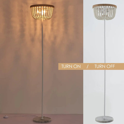 Boho Floor Lamp With White Wood Beaded Shade For Bedroom Living Room And Girl Room Three Light Bulb Fixture Cozy Warm Glow Durable Rustic Modern Decor showing on and off views