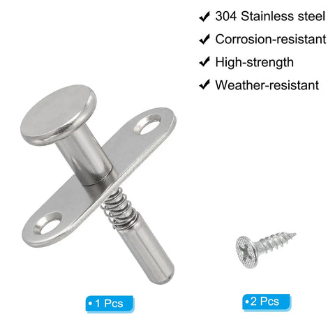 Heavy Duty Spring Loaded Plunger Latches Built Like A Tank Premium Grade Stainless Steel Cabinet Locking Closures For Furniture Bed Doors Two Pack Silver with one piece latch and screw visible.