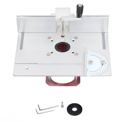 Heavy Duty Router Table Kit With Badass Zero To Fifty Four Millimeter Lift System and Rock Solid Insert Plate, aluminum top, trimming setup.