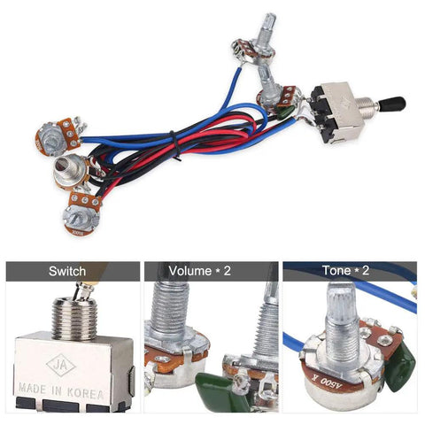 2 Volume 2 Tone Guitar Wiring Harness With 3 Way Switch 500K Pots Copper Shaft Sleeve Anti Aging Wires For LP Style Guitars Plug And Play Ready To Ship, showing components and switch