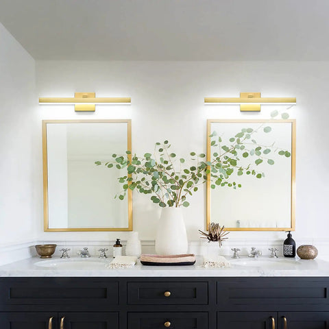 24 Inch LED Bath room Vanity Light Bar In Modern Gold Finish, Dimmable Over Mirror Wall Fixture For Sinks And Cabinets, White Acrylic Shade, Easy Mount, Anti-Corrosion Metal Back Plate above dual sinks.