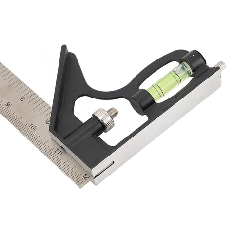 Heavy Duty 12 Inch Combination Square With 45 And 90 Degree Markings, Scriber Level And Spring Loaded Bolt, metal ruler close-up