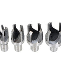 Rock Solid Eight Piece Wood Plug Cutter And Taper Drill Bit Set forged from heavy carbon steel, featuring four angled heads for precision cuts.