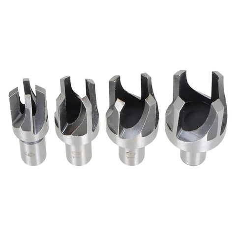 Rock Solid Eight Piece Wood Plug Cutter And Taper Drill Bit Set forged from heavy carbon steel, featuring four angled heads for precision cuts.