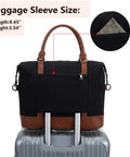 Canvas Travel Tote Bag For Women With Zipper and trolley sleeve shown on luggage; measurements displayed.