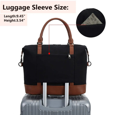 Canvas Travel Tote Bag For Women With Zipper and trolley sleeve shown on luggage; measurements displayed.