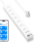 Smart WiFi Power Strip Surge Protector Packs Six Independently Switched Outlets and Four Fast Charging USB Ports with a Sleek Type C Adapter.