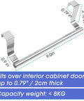 Over Cabinet Towel Bar With Hooks For Bathroom And Kitchen Brushed Stainless Steel No Install Needed 9 Inch Length