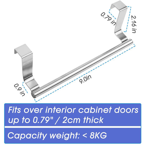 Over Cabinet Towel Bar With Hooks For Bathroom And Kitchen Brushed Stainless Steel No Install Needed 9 Inch Length